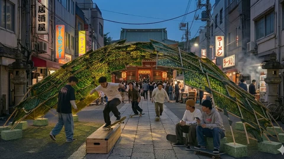 A group of people spending time under a pavilion made from seaweed in low lighting